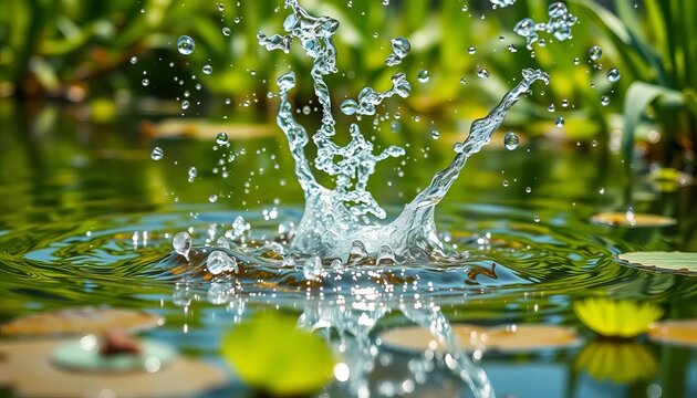 Close-up of sparkling spring water splashing in a tranquil pond, vibrant green foliage, organic, clean