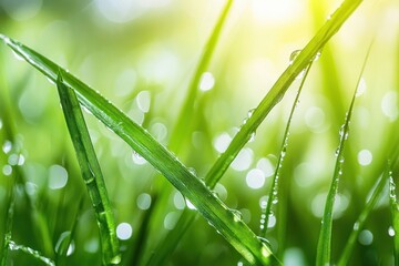 Fototapeta premium Close-up of fresh green grass blades covered in sparkling dewdrops with soft sunlight and bokeh background creating a calm and refreshing atmosphere
