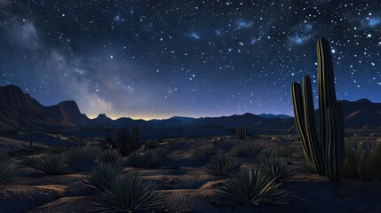 A desert landscape featuring saguaro cacti under a starry night sky with distant mountains and shrubs