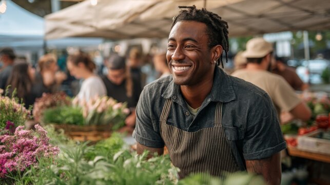 Smiling black man vendor selling fresh herbs at bustling farmers market  