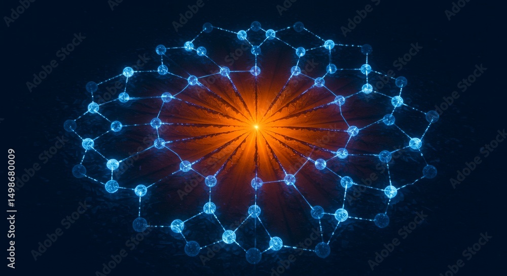 Poster abstract glowing network with blue connection points and a central orange light in a dark background