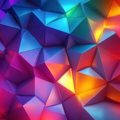Fototapeta premium Colorful abstract geometric pattern of interconnected triangular shapes with vibrant gradients in blue, purple, orange, red, and yellow creating a dynamic 3D effect