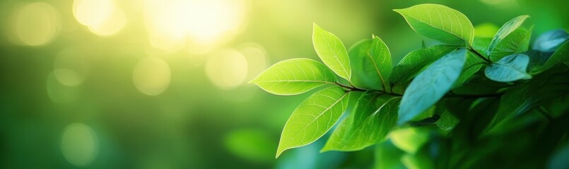 Close-up of vibrant green leaves with visible veins illuminated by soft sunlight creating a peaceful and fresh atmosphere