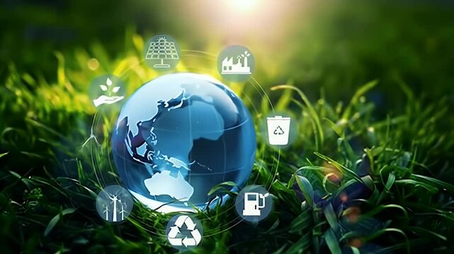 Glass Globe on Green Grass with Sustainability Icons