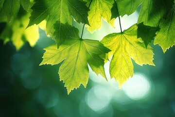 close-up view of vibrant green maple leaves with sunlight filtering through, creating a serene and fresh natural atmosphere