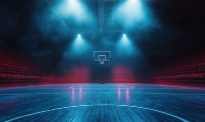 Empty indoor basketball court illuminated with blue spotlights and a centered basketball hoop under a high ceiling with dark shadows and red seating stands