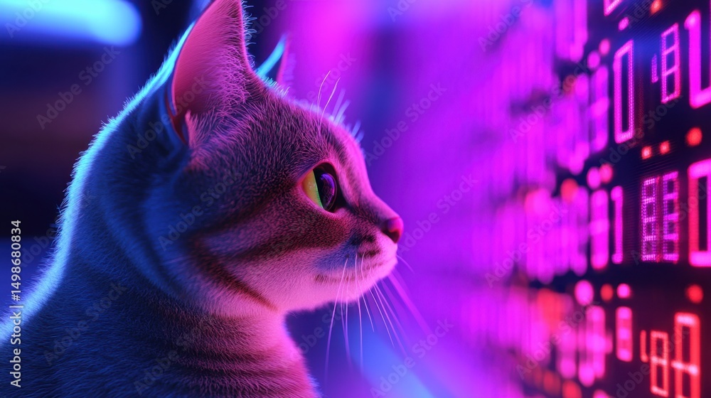 Poster cat in a neon-lit digital realm, intently watching cascading binary digits