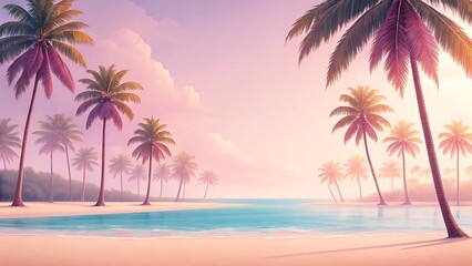 Escape to a dreamy beach paradise the gentle turquoise sea meets soft pink skies under tropical palm