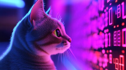 Cat in a neon-lit digital realm, intently watching cascading binary digits