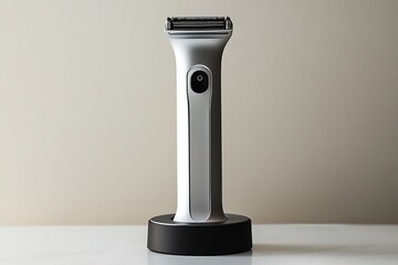 A silver electric shaver standing upright on a black charging base on a white surface and background