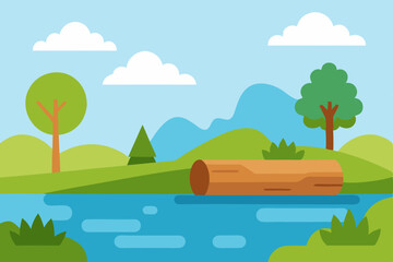 Obraz premium Cartoon vector illustration of a summer landscape with trees, a car, and green hills under a cloudy sky