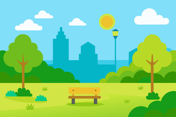 Summer green landscape with trees, clouds, and a city environment