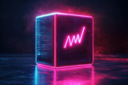 Glowing neon cube with a digital upward trend graph symbol on a reflective surface in a dark atmospheric environment