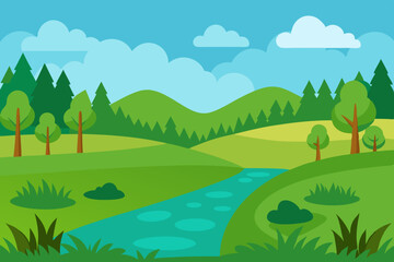 A vibrant cartoon summer landscape with green trees, mountains, and a blue sky over rolling hills and meadows