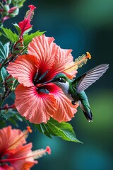 Hibiscus pollinated by a hummingbird, motion blur wings, vibrant colors