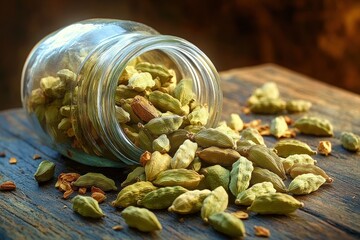 glass jar tipped over spilling green cardamom pods on rustic wooden surface with warm ambient lighting