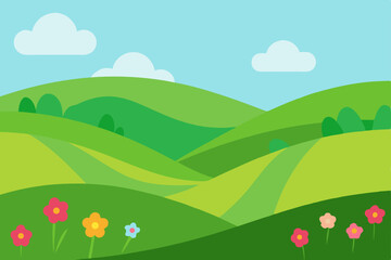 Obraz premium Colorful cartoon landscape illustration of a beautiful spring or summer meadow with flowers, green grass, trees, and clouds under a bright sky