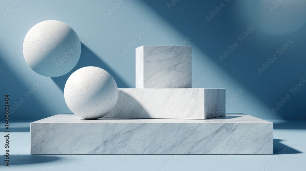 Poster elegant minimalist marble composition with spheres and cubes under soft light
