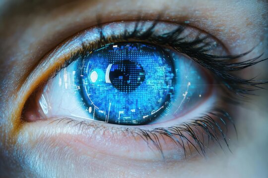 Close-up of a human eye with a glowing blue digital globe and data interface reflected on the iris, symbolizing technology and futuristic vision