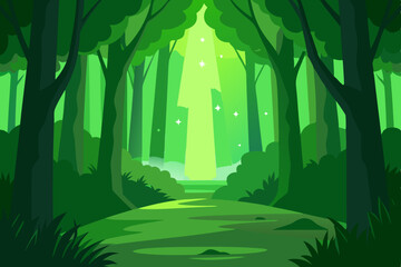 Green forest landscape illustration with trees and sun, from night to morning