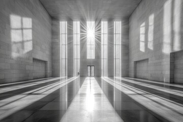 Sunlight streams into a modern, spacious hall.
