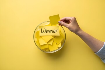 Hand Picking Winner Sticky Note from Yellow Bowl – Overhead Minimalist Design