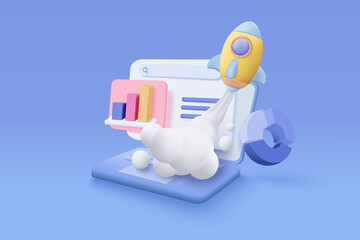 3D SEO optimization with rocket for marketing social media concept. Interface for web analytics strategy and research planing in laptop. 3d seo strategy vector icon render illustration
