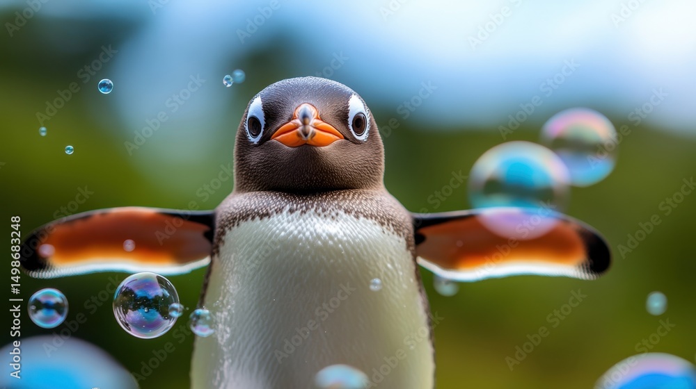 Poster close-up of a smiling penguin playing in bubbles with a blurred, whimsical background