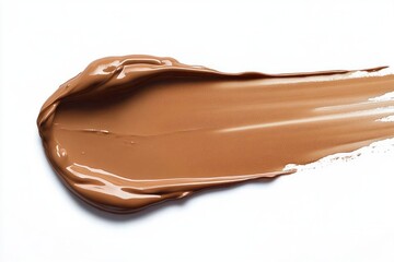 Smooth swatch of medium brown liquid makeup foundation spread evenly on white surface with glossy texture and natural light reflection