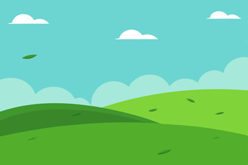 Peaceful summer landscape with green grass blue sky and clouds in the countryside