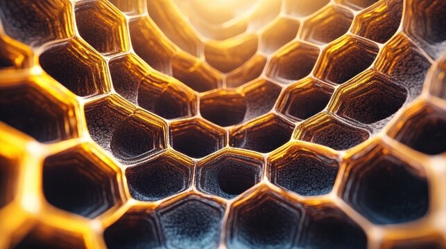 Close-up view of a glowing honeycomb structure with hexagonal cells illuminated by warm golden light from above