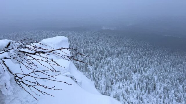 View of the white rocks and the winter forest on Mount Polyud. Lappish spruces on Mount Polyud in the Perm region in winter. In winter, there is a lot of snow and frost on the trees in the Urals. 4К