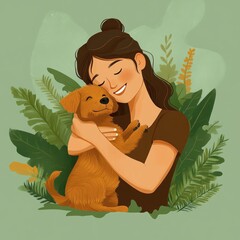 A smiling woman with long dark hair hugging a happy small brown dog surrounded by green leafy plants, conveying warmth and affection