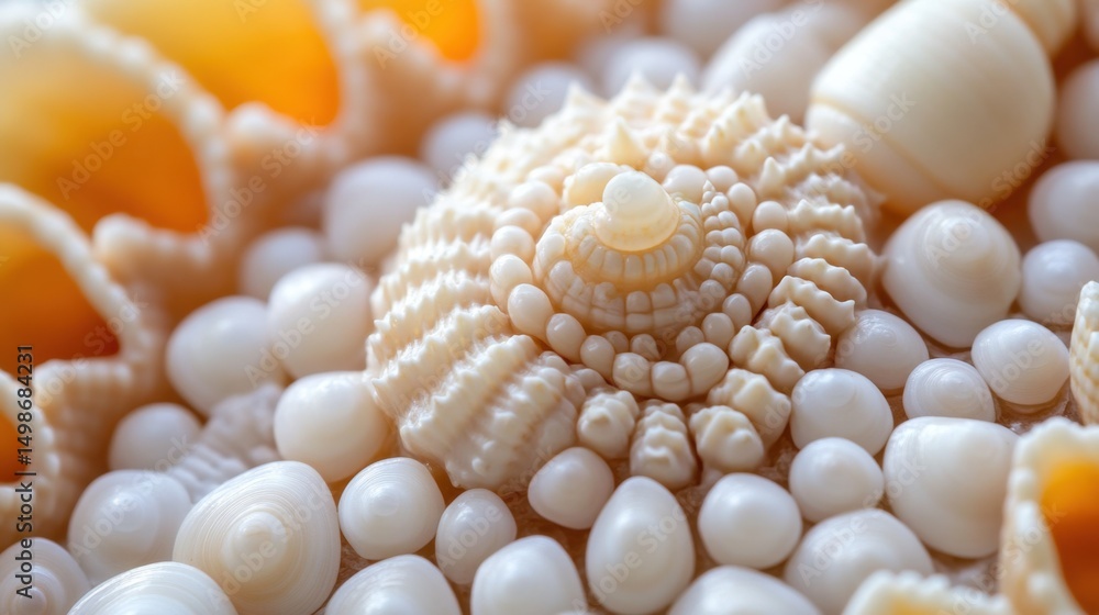Poster close-up of seashell textures and shapes arranged aesthetically on a bright background