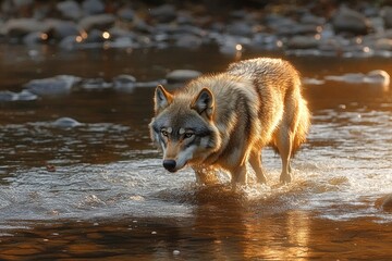 Wild wolf walking carefully through shallow water with focused and intense gaze during golden hour light