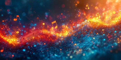 abstract representation of musical notes flowing like a river through a vibrant background, Generative AI
