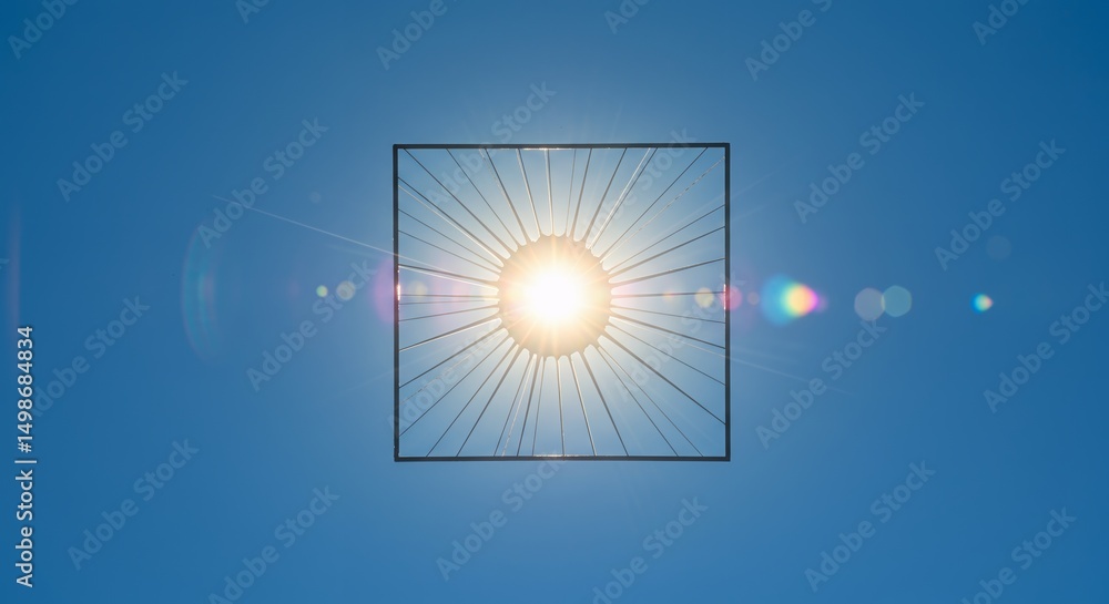 Aufkleber abstract view of luminous sun through a square geometric framework against a clear blue sky with bri
