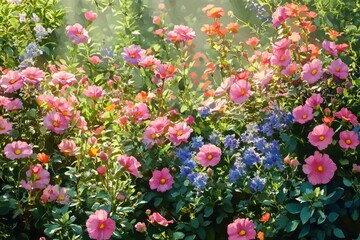 Fototapeta premium Vibrant garden filled with blooming pink, orange, and purple flowers bathed in warm sunlight, creating a lively and peaceful atmosphere