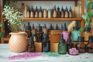 Fototapeta premium Collection of amber and colorful glass bottles with droppers and jars filled with small decorative crystals on wooden surface with ceramic vase holding white flowers