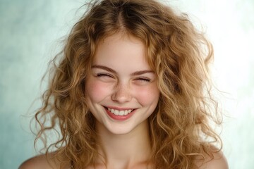 Naklejka premium Young woman with curly blonde hair smiling brightly with eyes closed expressing joy and happiness in soft natural light