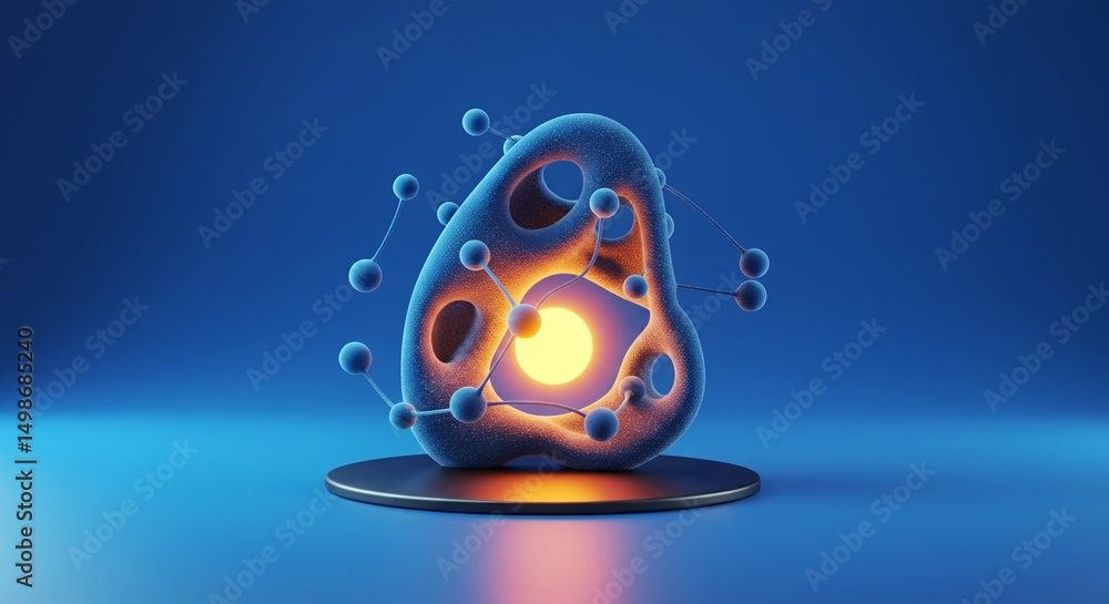 Poster abstract glowing voxel structure with spherical elements in blue and orange with dark background