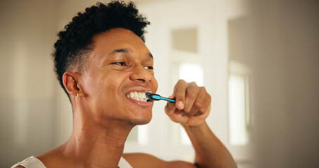 Home, man and dental with toothbrush for wellness, oral care and mouth treatment in morning...
