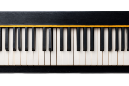 Close-up view of a classic black and white piano keyboard with wooden trim, cut out