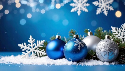 Shiny blue and gold Christmas baubles adorn a festive winter holiday background