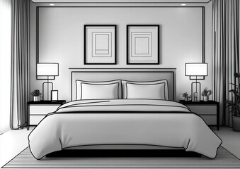 Minimalist modern bedroom with large bed, symmetrical nightstands, lamps, framed wall art, and decorative plants creating a calm and balanced atmosphere