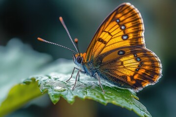 Close-up of orange and black butterfly with patterned wings resting on green leaf covered with dew drops