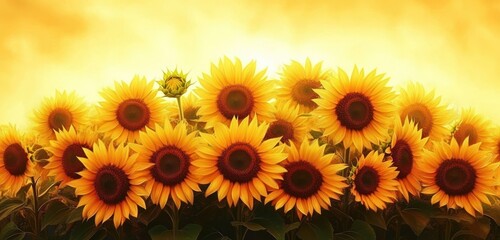 Fototapeta premium Bright and vibrant sunflowers with dark centers standing tall against a warm glowing yellow background, evoking a cheerful and sunny atmosphere