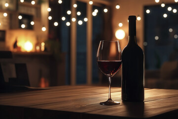 Wine Glass And Bottle With Festive Glow