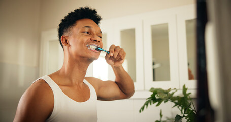 Home, man and dental with toothbrush for health, oral care and mouth treatment in morning routine....