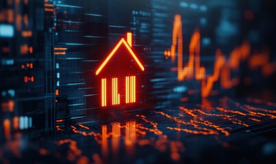 Glowing orange digital house icon with bar chart columns on a futuristic blue and black data visualization background depicting financial or real estate market trends